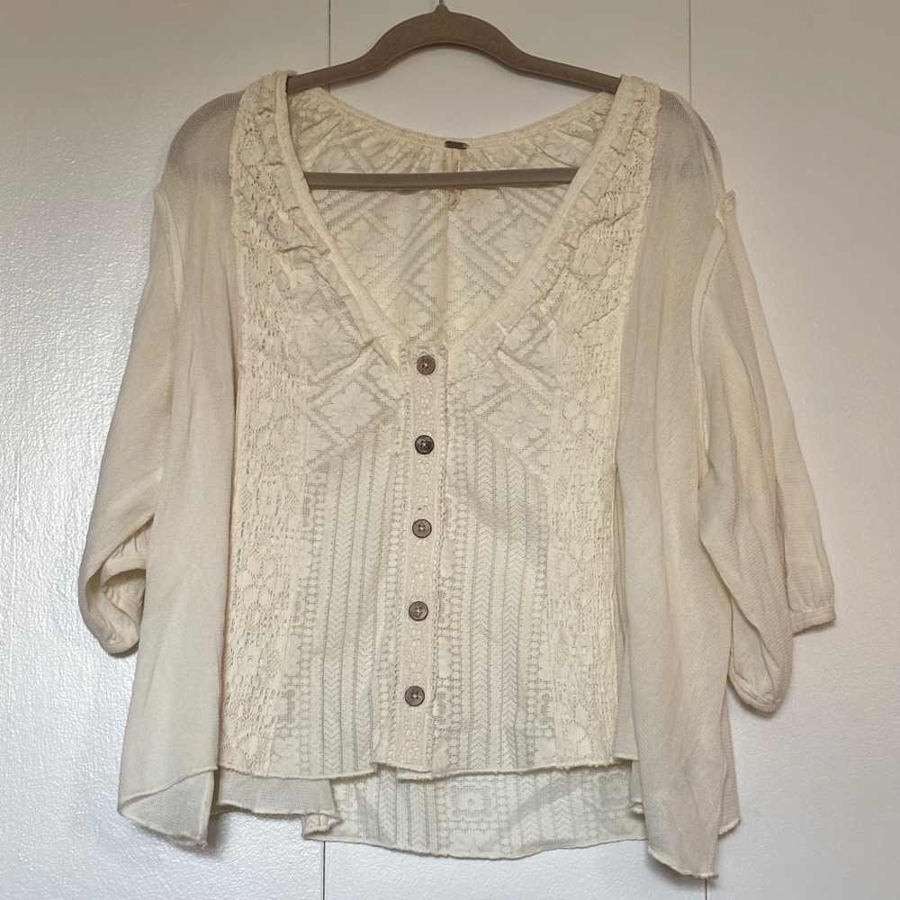 Free People Mae Embroidered Lace Button Down Top Ivory Medium - Picture 2 of 11